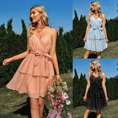 New Casual Solid Color V-neck Waist Strap Suspender Dress Female - JUPITER BMY LTD