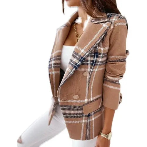 New Long-sleeved Double-breasted Plaid Print Suit Jacket- JUPITER BMY