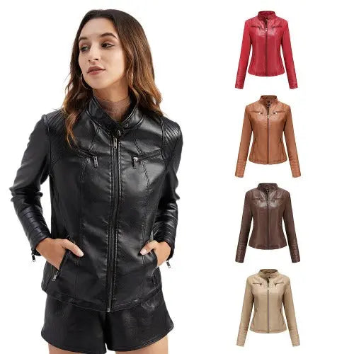 New Women's Thin Motorcycle Suit Leather Jacket Short- JUPITER BMY