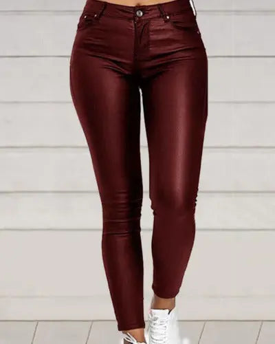 Pure Color PU Sexy Leather Pants Casual Feet Pants Women- JUPITER BMY