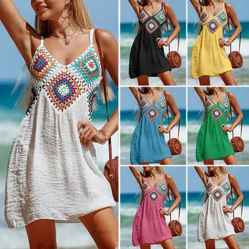 Sleeveless Dress Bohemia Stitching Colorful Pattern V-neck Hollow Beach Dress - JUPITER BMY LTD