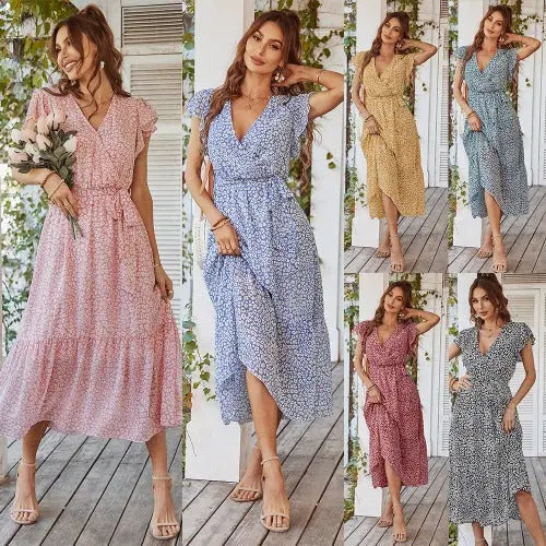 Summer Dresses Ruffle Cap Sleeve V Neck Belt Wrap Split Boho Floral Long Casual Party Beach Dress - JUPITER BMY LTD