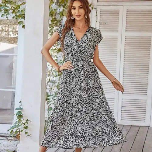 Summer Dresses Ruffle Cap Sleeve V Neck Belt Wrap Split Boho Floral Long Casual Party Beach Dress - JUPITER BMY LTD