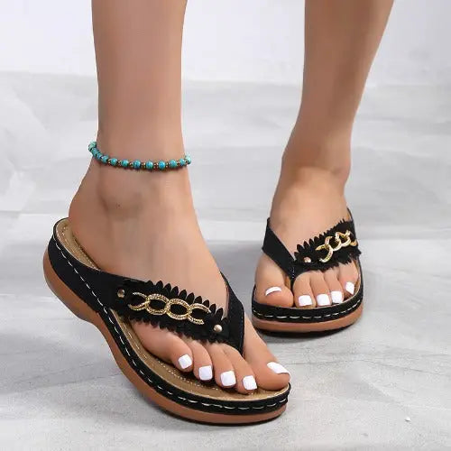 Summer Women Wedge Sandals With Chain Anti-Slip Slippers Retro Slides Flip Flops Shoes- JUPITER BMY