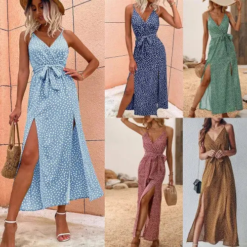 V-neck Suspender Floral Lace-up Dress Women's Long Skirt Beach Dress - JUPITER BMY LTD