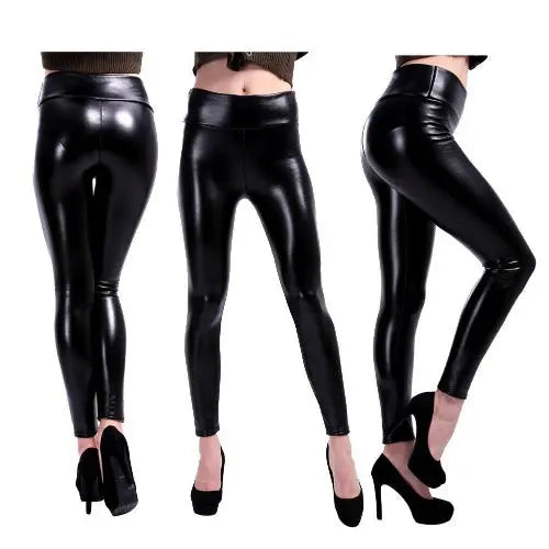 Women Autumn Winter Sexy Elastic Trousers Stretch Black PU Leather Shaper High Waist Leggings- JUPITER BMY