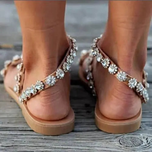 Women's Sandals Mules Boho Beach Shoes Rhinestone Lace Beading Flat Slippers - JUPITER BMY LTD