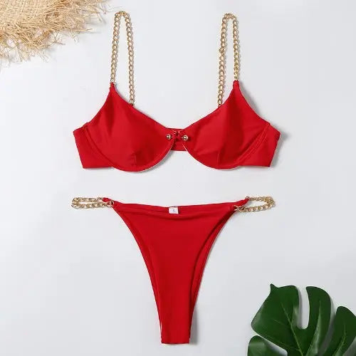 Women's Sexy Split Chain Solid Color Halter Strap Bikini Swimsuit Two Piece Swimwear Beachwear - JUPITER BMY LTD