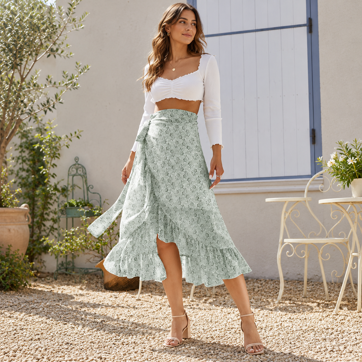Floral Ruffle Wrap Midi Skirt