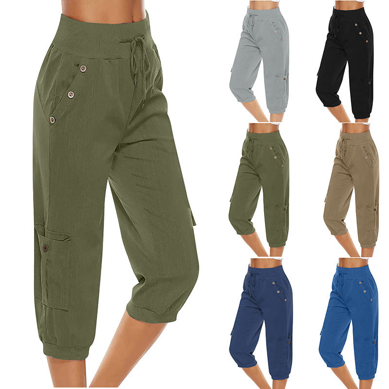 Women's Cropped Pants Cotton Linen Cargo Pocket Casual Pants- JUPITER BMY