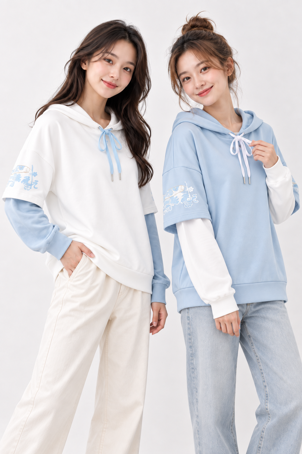 Layered-Sleeve Graphic Hoodie