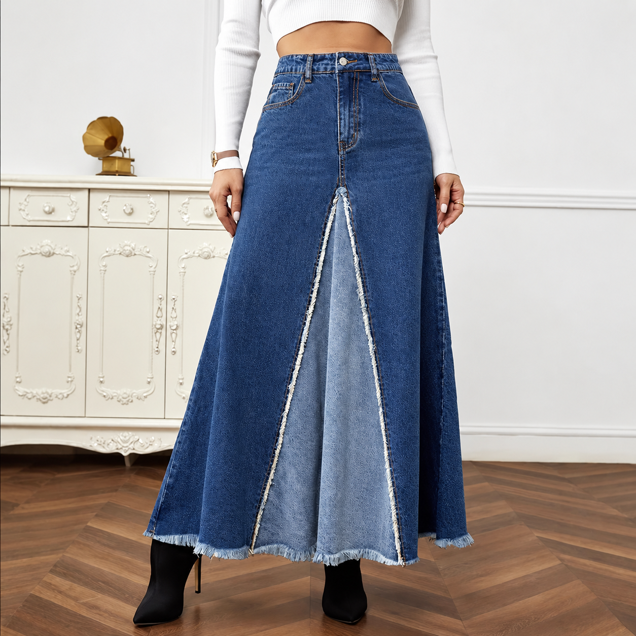 Patchwork Denim Maxi Skirt