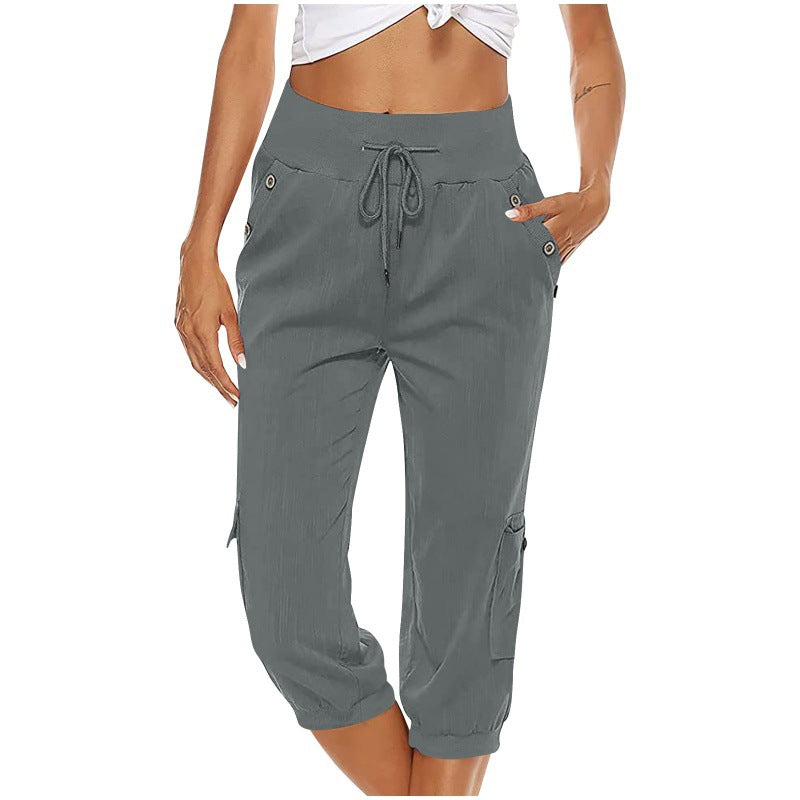 Women's Cropped Pants Cotton Linen Cargo Pocket Casual Pants- JUPITER BMY