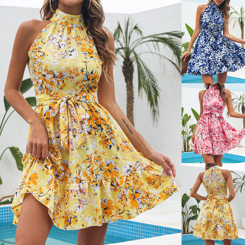 New Flowers Print Halterneck Dress Summer Fashion Temperament Lace-up Ruffled Dresses For Women- JUPITER BMY