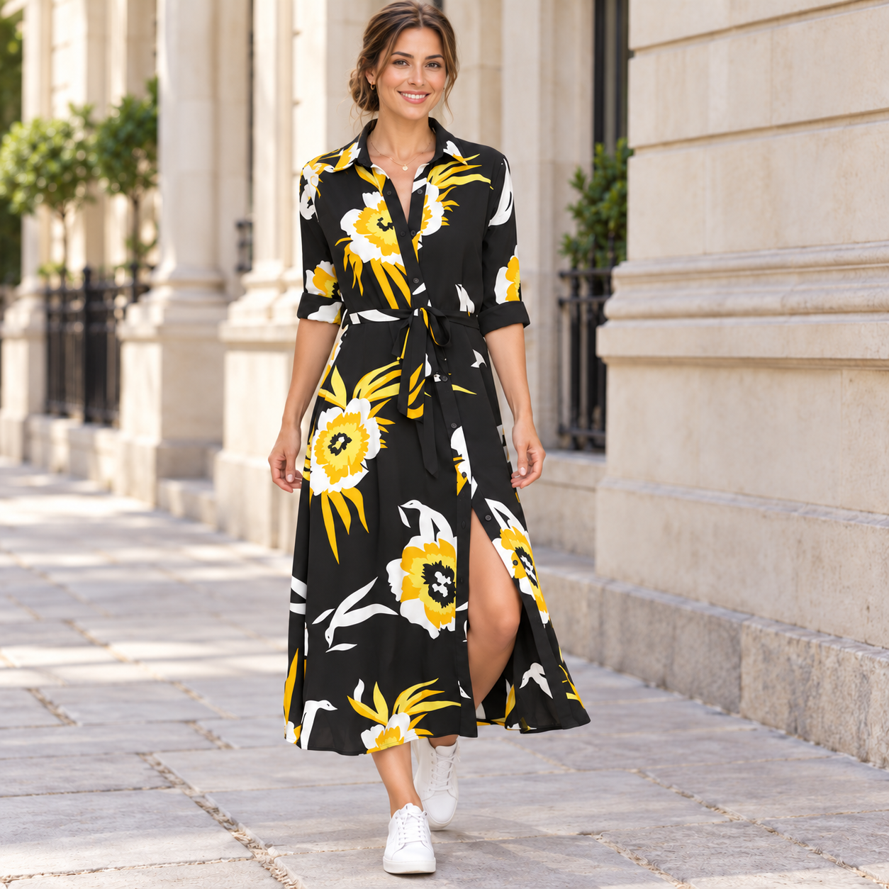 Printed Belted Midi Dress