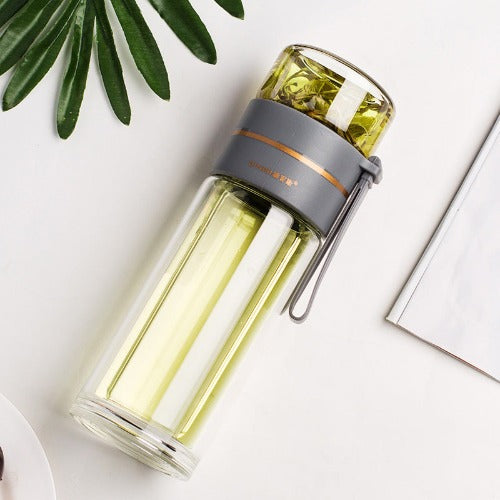 Glass Water Bottle With Tea Infuser Filter Tea Separation Double Wall Glass Bottle Leakproof Water Bottle- JUPITER BMY