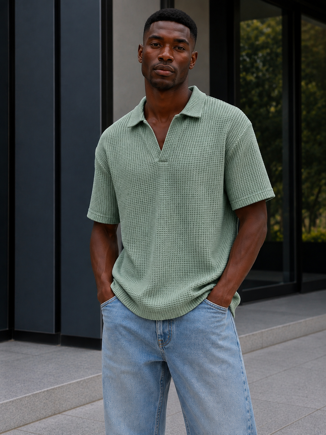 Unisex V-Neck Polo Shirt – Waffle Fabric
