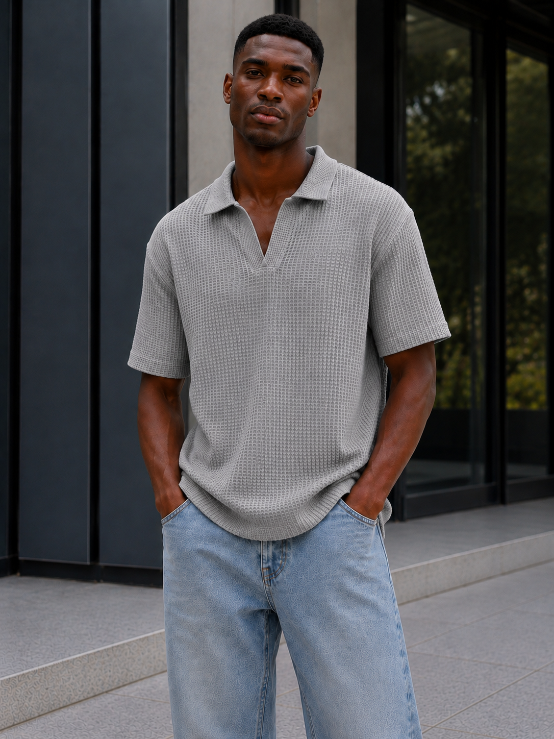 Unisex V-Neck Polo Shirt – Waffle Fabric