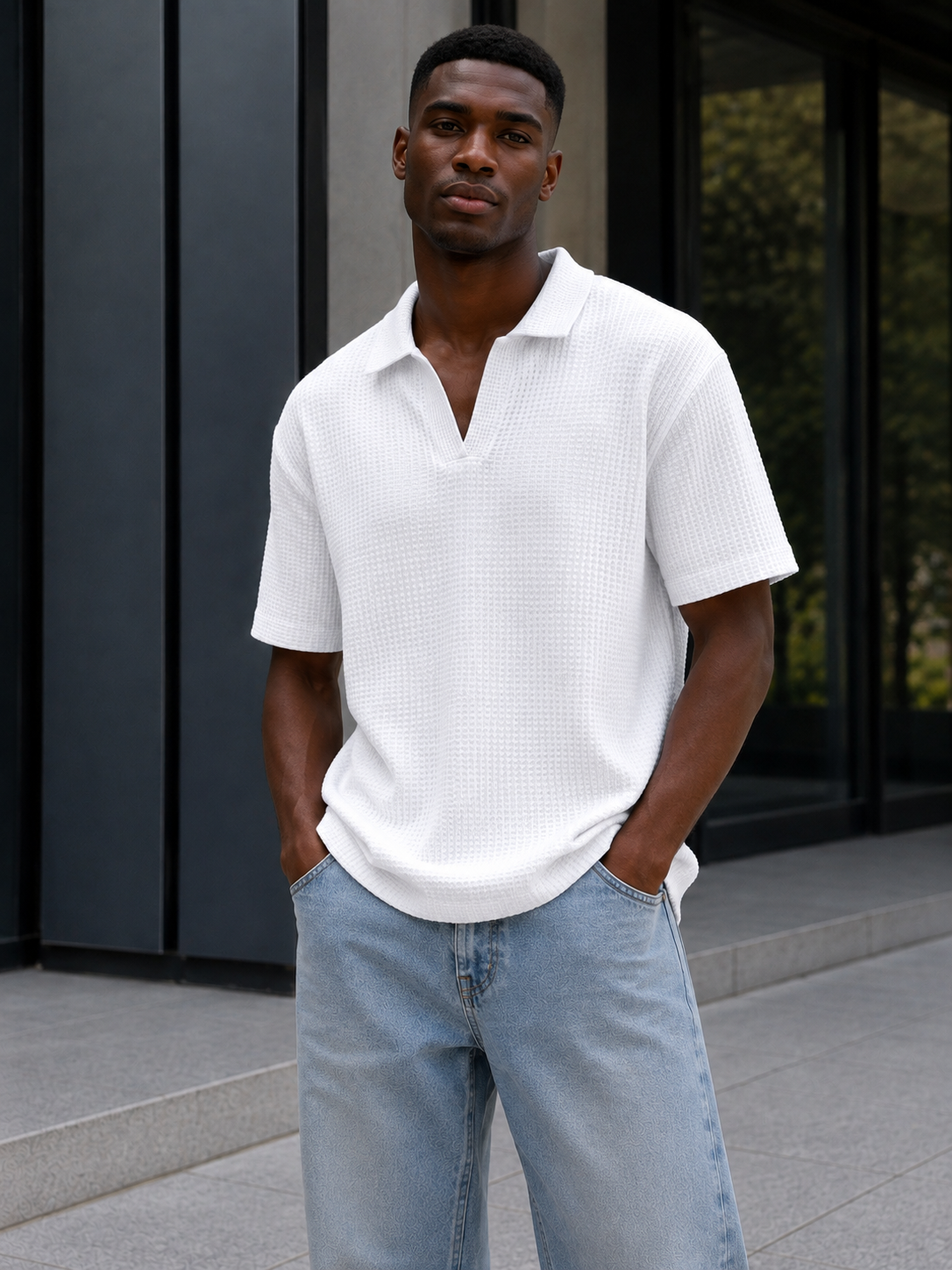 Unisex V-Neck Polo Shirt – Waffle Fabric